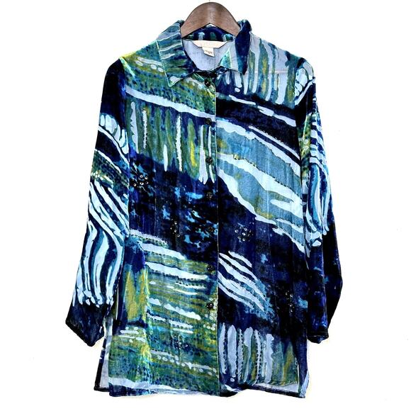 VTG TANJAY Flowy Velvet Burnout Beaded Top Size 14 Whimsygoth Y2K Indie Casual - Picture 1 of 12